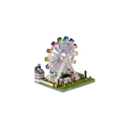 Miniatur-LEGO-Riesenrad mit bunten Kabinen und kleinem Park auf quadratischer Grundplatte.