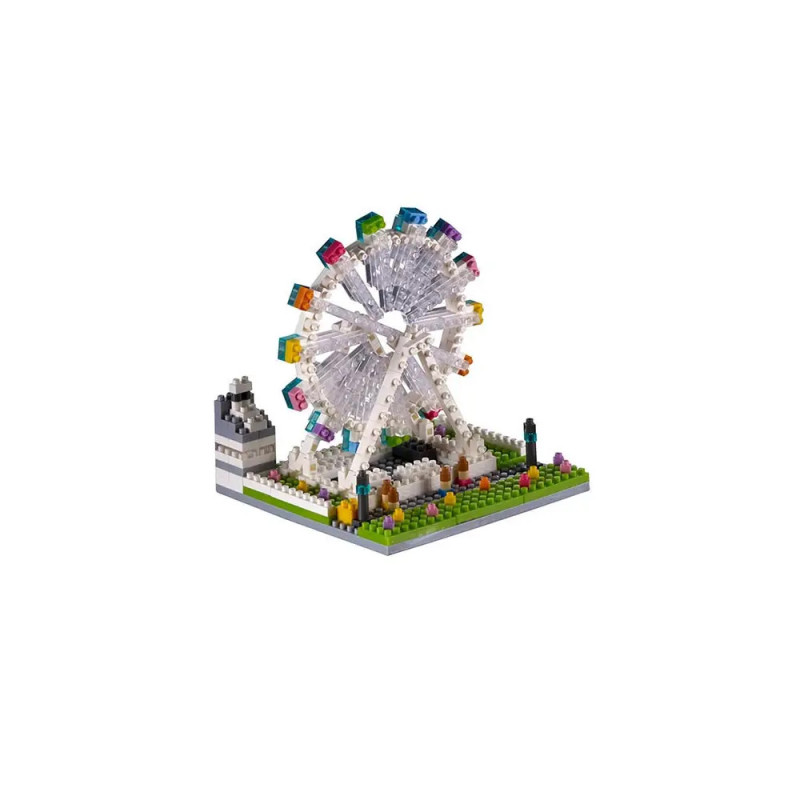 Miniatur-LEGO-Riesenrad mit bunten Kabinen und kleinem Park auf quadratischer Grundplatte.