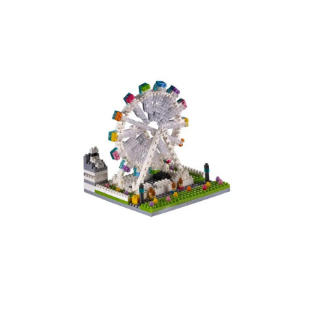 Miniatur-LEGO-Riesenrad mit bunten Kabinen und kleinem Park auf quadratischer Grundplatte.
