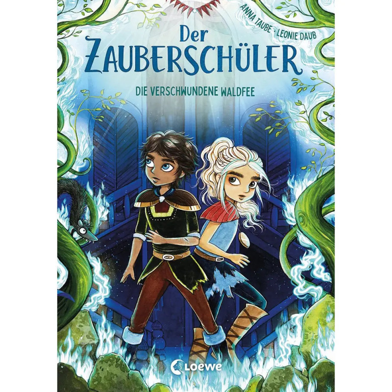 Cover von Der Zauberschüler: Ein Junge und ein Mädchen stehen im magischen Wald mit leuchtend blauem Licht.