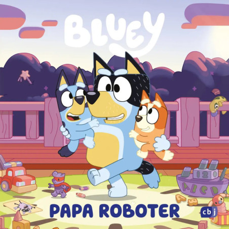 Blauer Hund trägt zwei Welpen in einem bunten Spielzeug-Garten. Text: Bluey: Papa Roboter.