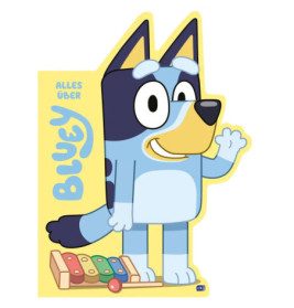 Bluey steht augenzwinkernd neben einem Xylophon auf gelbem Hintergrund, dazu der Schriftzug Alles über Bluey.