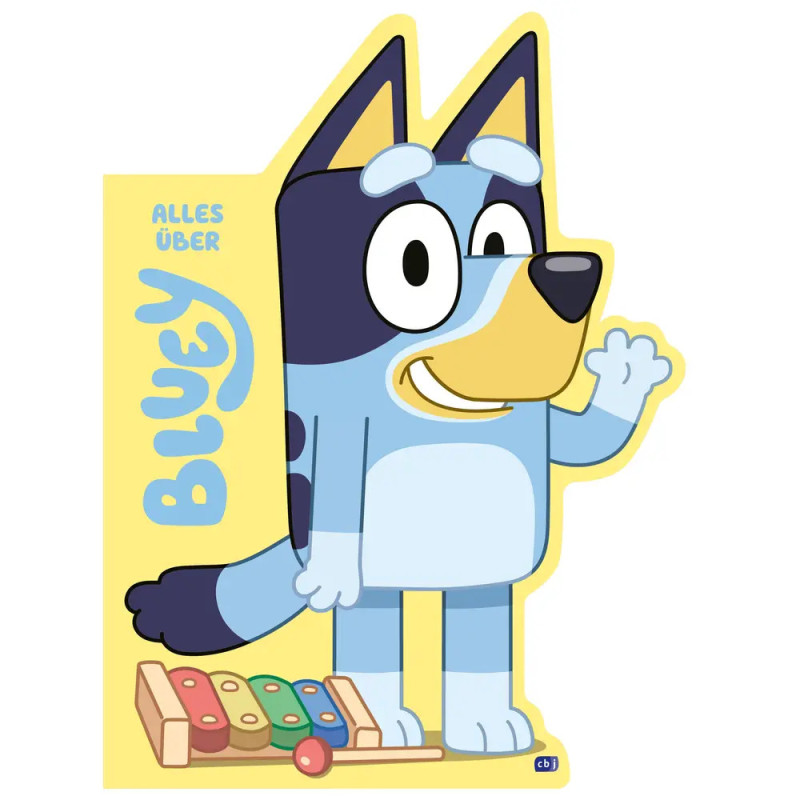 Bluey steht augenzwinkernd neben einem Xylophon auf gelbem Hintergrund, dazu der Schriftzug Alles über Bluey.