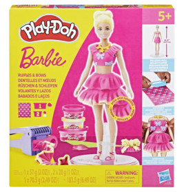 Play-Doh Barbie Set-Box mit Barbie in pinkem Kleid, Play-Doh Dosen und Kleidungszubehör.