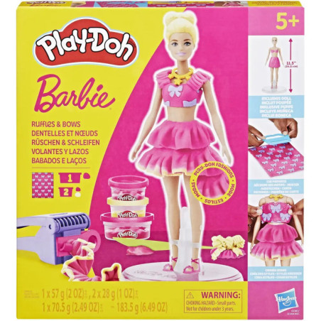 Play-Doh Barbie Set-Box mit Barbie in pinkem Kleid, Play-Doh Dosen und Kleidungszubehör.