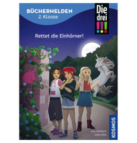 Drei überraschte Mädchen stehen an einer Mauer, hinter ihnen ein steigendes Einhorn bei Nacht.