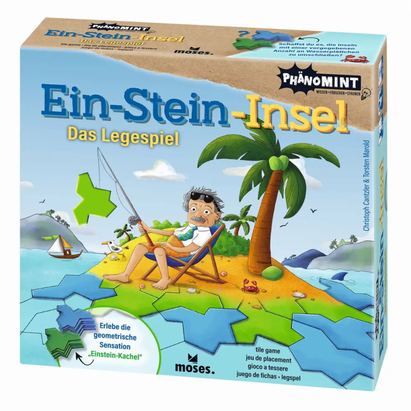Spielbox von Ein-Stein-Insel mit einem Mann, der entspannt auf einer Insel mit geometrischen Kacheln liegt.