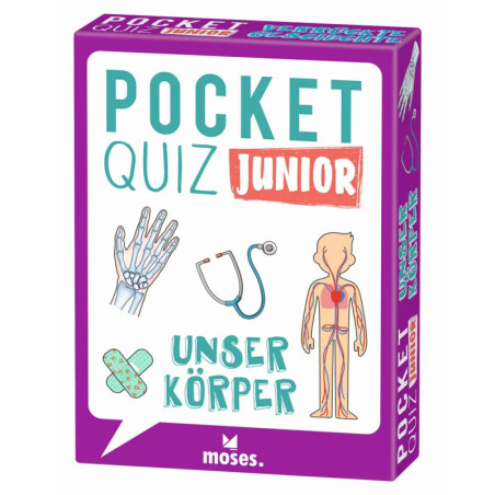 Lila Schachtel Taschenquiz Junior: Unser Körper mit Zeichnungen von Knochen, Stethoskop und Verband.