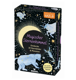 Box mit Sternbildern, Bär und deutschem Text über das Entdecken von 30 Sternbildern und Planeten.