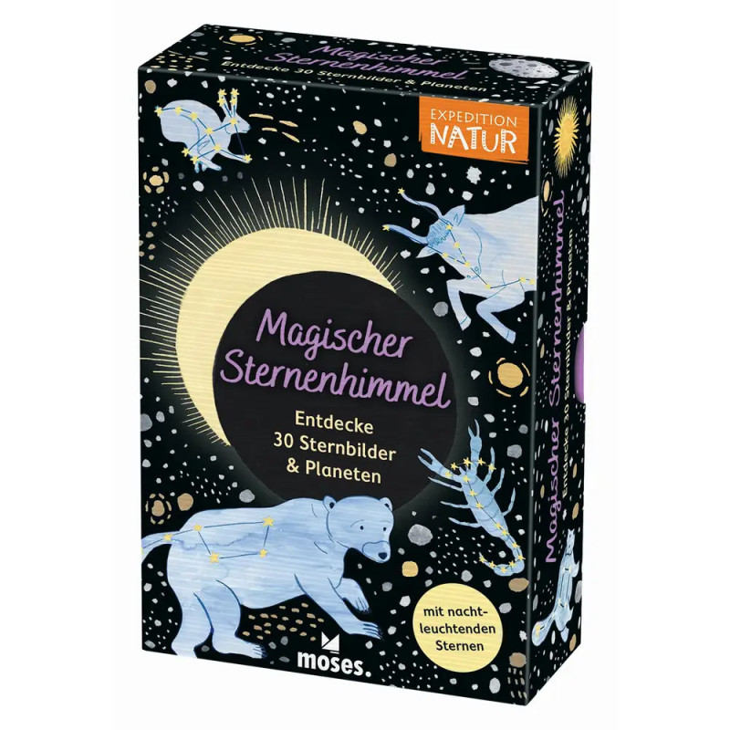 Box mit Sternbildern, Bär und deutschem Text über das Entdecken von 30 Sternbildern und Planeten.