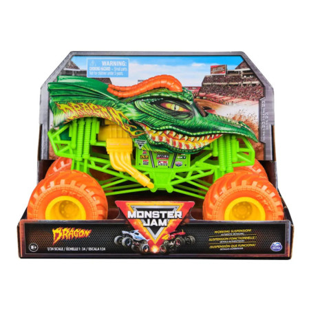 Spielzeug-Monster-Jam-Dragon-Truck mit grünem Körper, orangen Rädern und Drachen-Details in Verpackung.