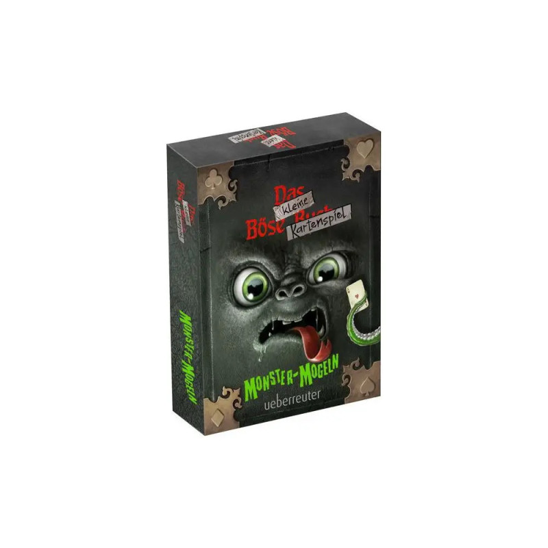 Spielkarton mit grünem Monster-Gesicht, deutscher Aufschrift Das kleine Böse und Monster-Mogeln.