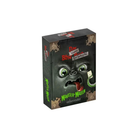 Spielkarton mit grünem Monster-Gesicht, deutscher Aufschrift Das kleine Böse und Monster-Mogeln.