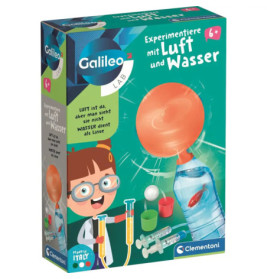 Wissenschafts-Set für Kinder zeigt Experimente mit Luft und Wasser, bunte Laborausrüstung, Cartoon-Forscher.