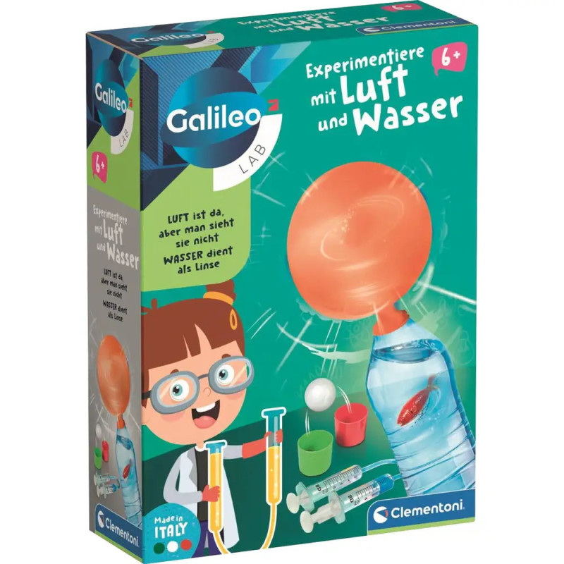 Wissenschafts-Set für Kinder zeigt Experimente mit Luft und Wasser, bunte Laborausrüstung, Cartoon-Forscher.