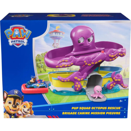 PAW Patrol Pup Squad Octopus Rescue Set mit großem lila Oktopus und kleinen Hundefiguren in der Box.