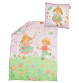 Kinder-Bettwäsche mit Prinzessin, Junge, Katze, Blumen und dem Schriftzug: Glaubst du an Magie?.