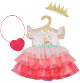 Rosa Kleid mit Puffärmeln, herzförmige Tasche und goldenes Krönchen, passend für eine Puppe.