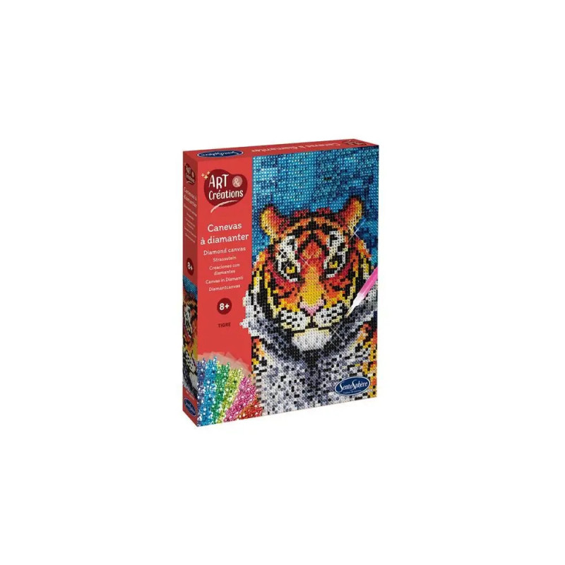 Schachtel eines Diamond-Painting-Sets mit buntem Perlenbild eines Tigers auf der Vorderseite.