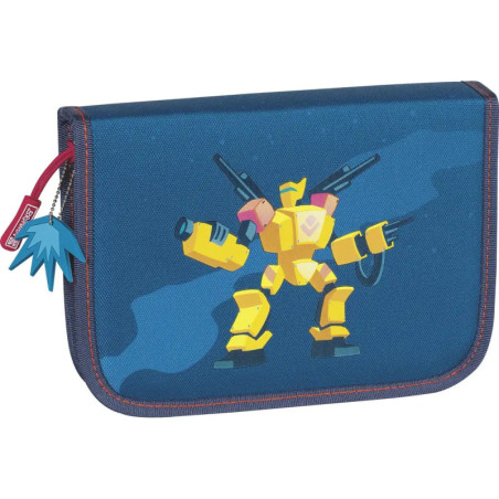 Blaues Mäppchen mit gelbem Roboter-Motiv und einem sternförmigen blauen Reißverschluss-Zipper.