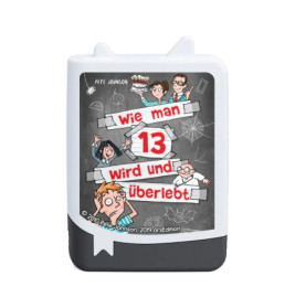 Buchcover mit Comicfiguren und dem deutschen Titel Wie man 13 wird und überlebt auf Tafel-Hintergrund.