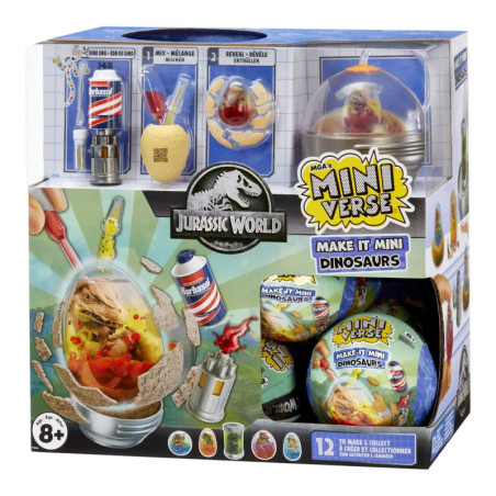 Jurassic World MGAs Miniverse Make It Mini Dinosaurs Spielset-Box mit Miniartikeln und Eiern.