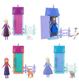 Vier Frozen-Spielsets mit Puppen, bunten Türen, Zäunen und Tieren sind in einem Raster angeordnet.