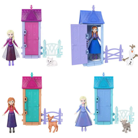Vier Frozen-Spielsets mit Puppen, bunten Türen, Zäunen und Tieren sind in einem Raster angeordnet.