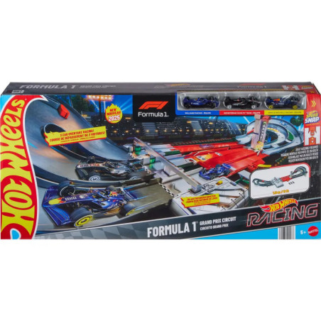 Hot Wheels Formel 1 Grand Prix Rennbahn-Set, Box mit Spielzeugautos und Streckenabbildung.