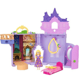 Rapunzel-Spielset mit Puppe, Schloss, Bett und Zubehör in Lila, Pink und Gelb.