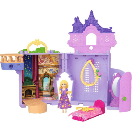 Rapunzel-Spielset mit Puppe, Schloss, Bett und Zubehör in Lila, Pink und Gelb.