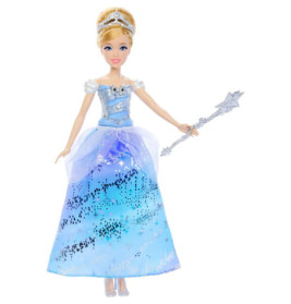 Blonde Puppe im blauen Glitzerkleid mit Silberzauberstab, Tiara und Glasschuhen.