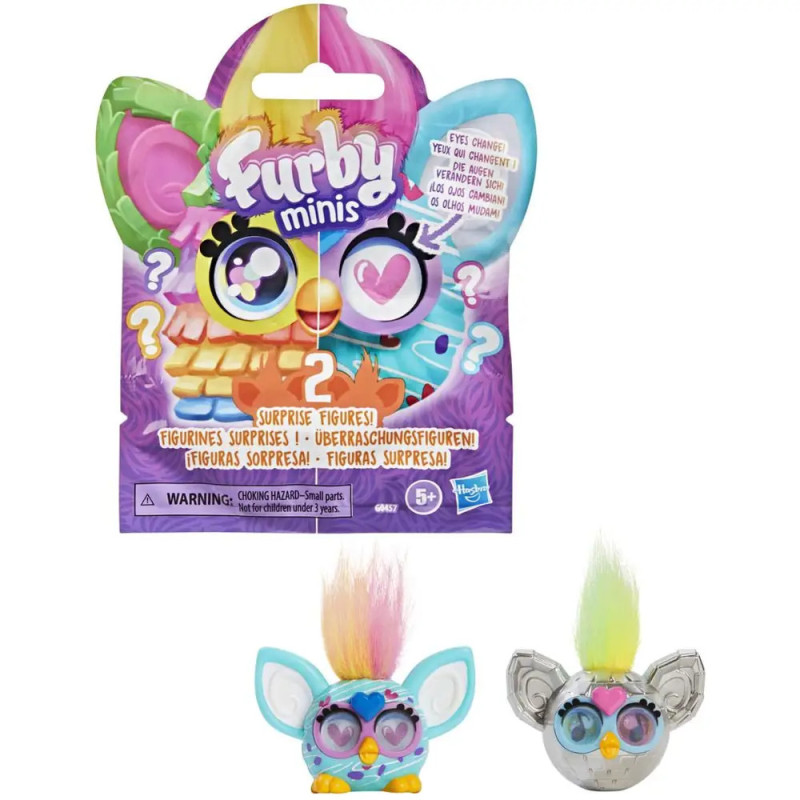 Furby Minis Blind Bag mit zwei bunten Furby-Figuren vorne. Furby Minis Blind Bag mit zwei bunten Furby-Figuren vorne.