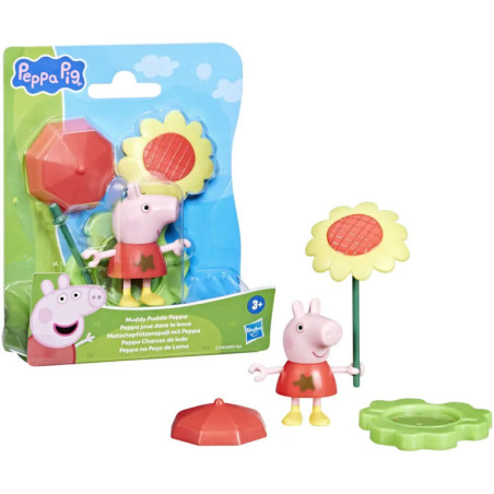 Peppa Pig Spielzeug mit Blumen- und Schirmzubehör, verpackt und ausgepackt auf weißem Hintergrund.