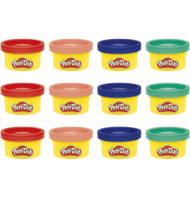 Zwölf gelbe Play-Doh-Dosen mit roten, blauen, grünen und pfirsichfarbenen Deckeln in drei Reihen.