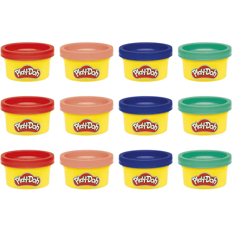 Zwölf gelbe Play-Doh-Dosen mit roten, blauen, grünen und pfirsichfarbenen Deckeln in drei Reihen.