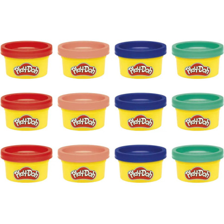 Zwölf gelbe Play-Doh-Dosen mit roten, blauen, grünen und pfirsichfarbenen Deckeln in drei Reihen.