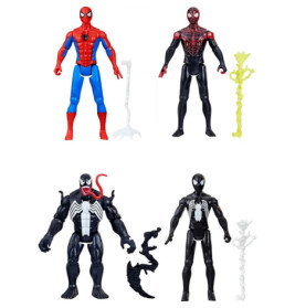 Vier Spider-Man-Figuren mit Webzubehör: Spider-Man, Miles Morales, Venom und Black Suit.