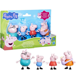 Peppa Pig Familien-Set mit fünf Figuren vor bunter Verpackung.