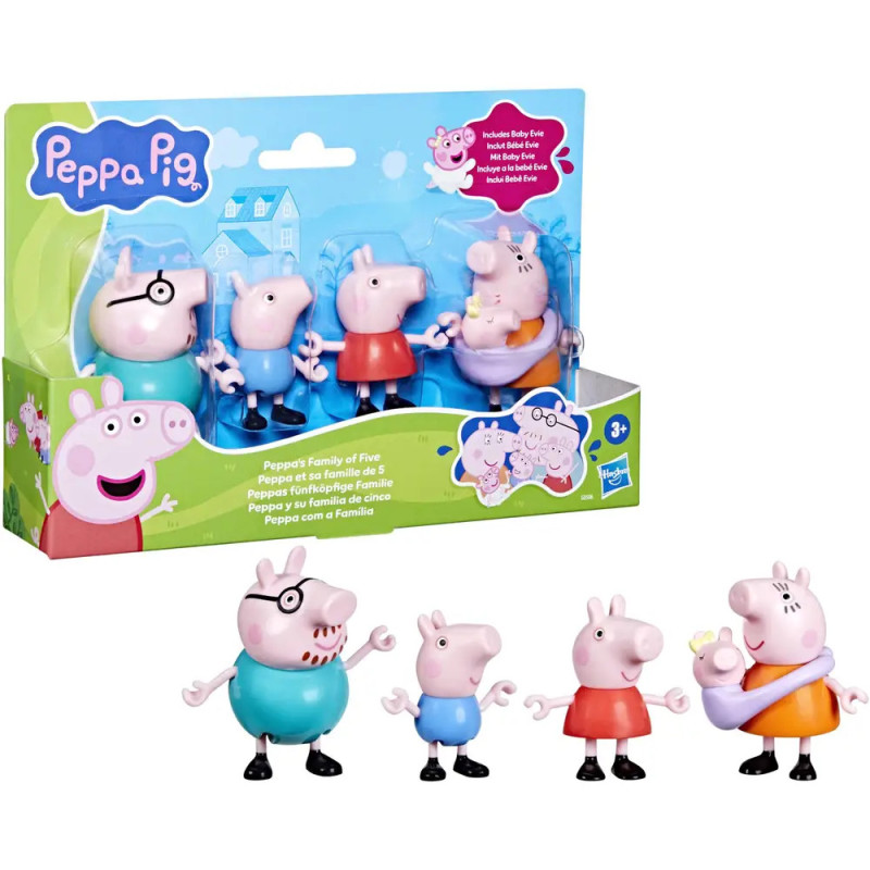 Peppa Pig Familien-Set mit fünf Figuren vor bunter Verpackung. Peppa Pig Familien-Set mit fünf Figuren vor bunter Verpackung.