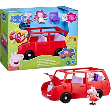 Peppa Pig Familienauto-Set mit rotem Auto, Peppa-Figur und Verpackung im Hintergrund.