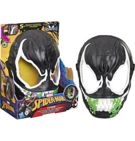Venom-Maske aus Marvels Spider-Man-Serie mit weißen Augen und grünem Schleim, verpackt und unverpackt.