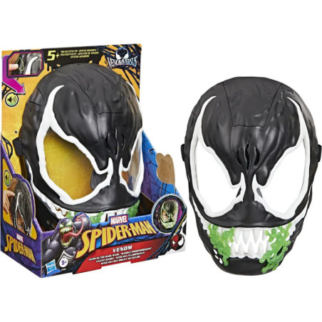 Venom-Maske aus Marvels Spider-Man-Serie mit weißen Augen und grünem Schleim, verpackt und unverpackt.