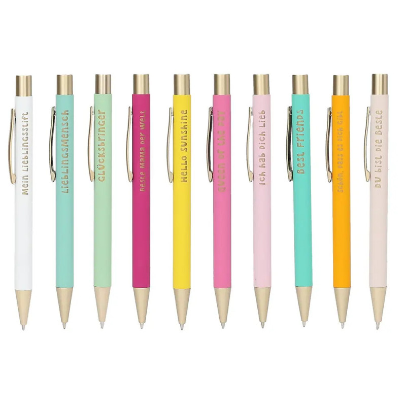 Zehn bunte Stifte mit goldenen Clips und motivierenden Sprüchen auf weißem Hintergrund.