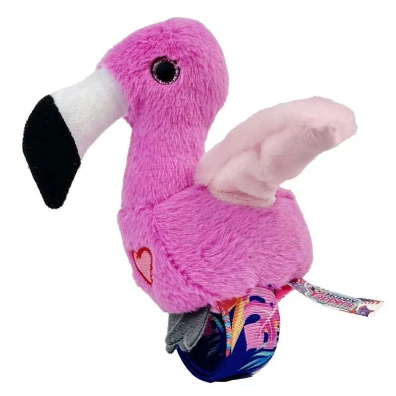 Rosa Plüsch-Flamingo mit Herz an der Seite und gemusterten Rädern darunter.
