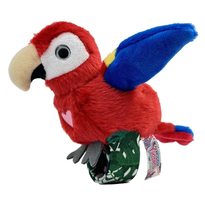 Rotes Plüschpapagei-Spielzeug mit blauen Flügeln und grün gemustertem Schnapparmband.
