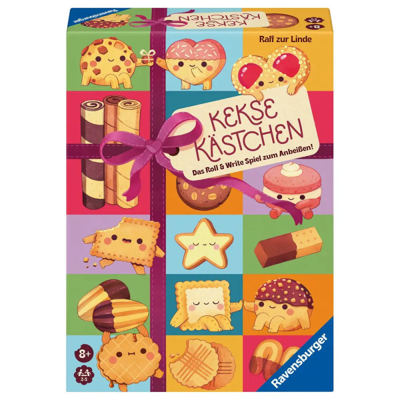 Bunte Spieleverpackung mit illustrierten Keksen und Süßigkeiten, Titel: Kekse Kästchen.