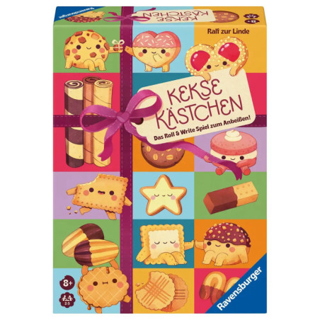 Bunte Spieleverpackung mit illustrierten Keksen und Süßigkeiten, Titel: Kekse Kästchen.