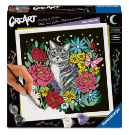 CreArt Malen-nach-Zahlen-Set: Graue Katze zwischen bunten Blumen und einem Schmetterling.