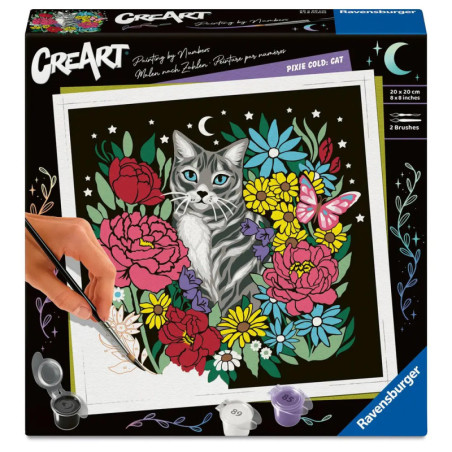 CreArt Malen-nach-Zahlen-Set: Graue Katze zwischen bunten Blumen und einem Schmetterling.
